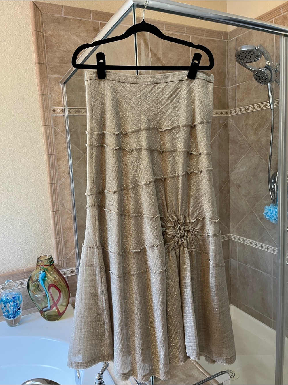 Tiered A-Line Crinkle Maxi Skirt in Beige